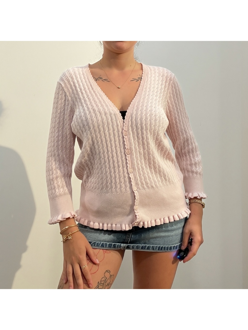 Jeanne Pierre Pink Cable Knit Ruffle Cardigan